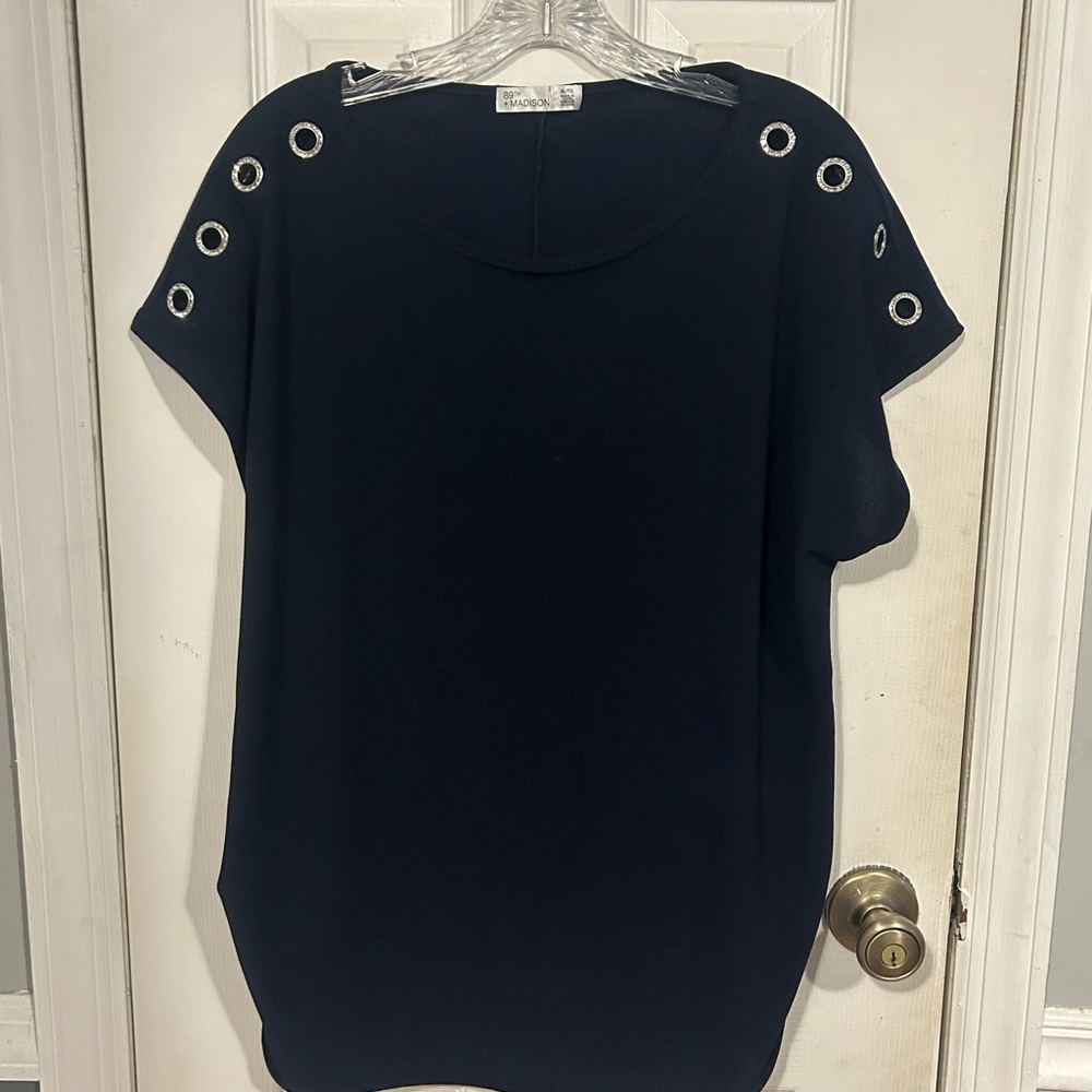 89th & Madison Navy Eyelet Sleeve Top